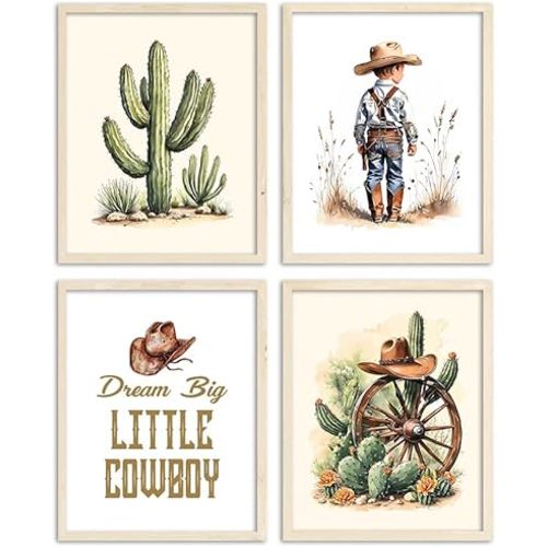Western Cowboy Nursery Wall Art Prints,Cowboy Hat Cactus Desert Wall Art Prints,Western Wall Decor for Toddler Baby Boy Room,Boy Room Decoration Set of 4(8”x10”Unframed)