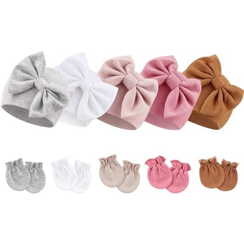BQUBO Newborn Baby Girls Hats Mittens Set Hospital Hat Beanie Infant Bow Hats Baby Cotton Gloves for 0-6 Months