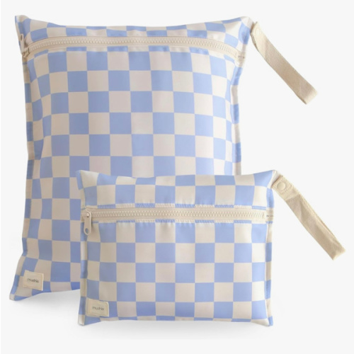mushie Water Resistant Wet Bags | Large & Small Reusable Storage Bag for Baby Items and Travel | Zippered Pockets with Handle | Machine Washable, Set of 2 (Blue Check)