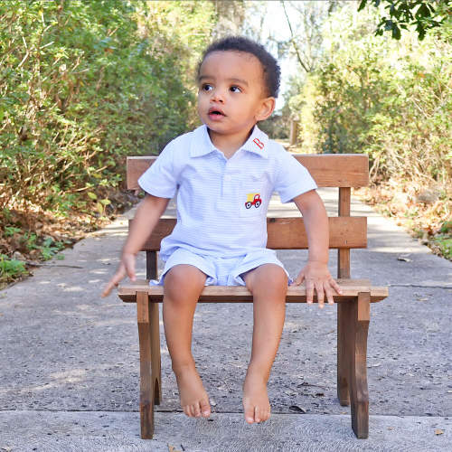 Dump Truck Light Blue Stripe Pocket Polo Romper