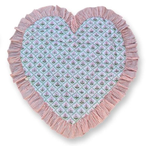 Heart Shaped Baby Play Mat, Vintage Blue Floral Ruffle, Padded Cotton