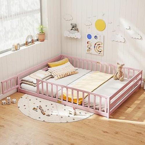 KOMFOTT Queen Size Wood Floor Bed with Door & Fence, Montessori Bed Frame with Full Length Safety Guardrails, Door & Latch, Wooden Montessori Floor Bed for Kids, Girls, Boys (Queen,Pink)