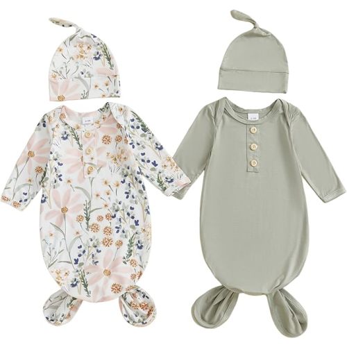 woshilaocai 2 Pack Baby Boy Girl Gown Sleeper Newborn Knotted Nightgown and Hat Set Infant Sleepwear
