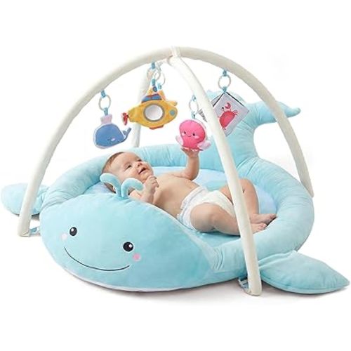 Baby Play Mat, Whale Tummy Time Mat with Toys, Baby Activity Gym for Infants 0–12 Months – 100% Cotton Sensory Floor Mat for Boys & Girls