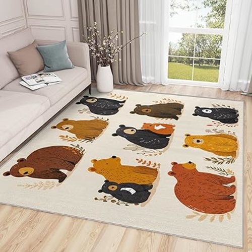 Cute Cartoon Bear Area Rug - 4x5 Kids Boys Nursery Rug - Wild Animal Carpet - Home Decor