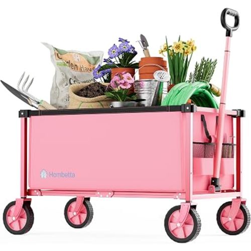 29.3" Collapsible Wagon Cart, 150L Heavy Duty Folding Utility Wagon with Wheels, 260 lbs Load, Portable Rolling Cart for Garden, Shopping, Sports, Camping, Pink