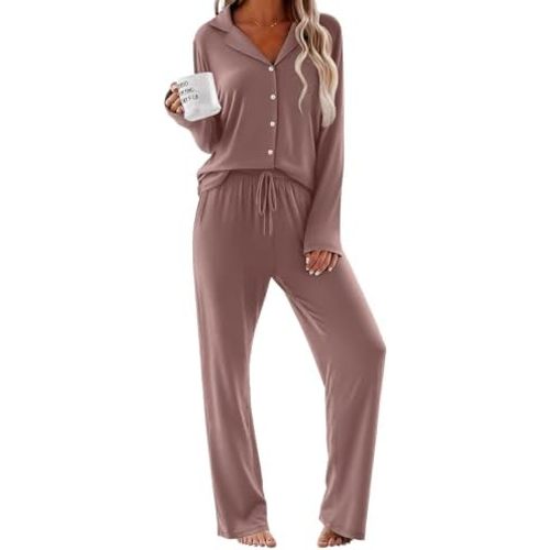 Ekouaer Pajamas for Women Set Button Up Pjs 2 Piece Long Sleeve Lounge Sets
