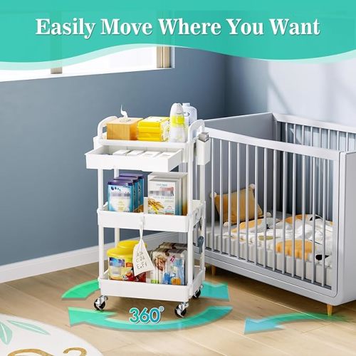 3 Tier Rolling Cart with Drawer, Bathroom Storage Organizer with 2 Lockable Wheels, Multifunctional Rolling Storage Cart for Bathroom, Kitchen, Office, Craft, Makeup, Baby Essentials, White