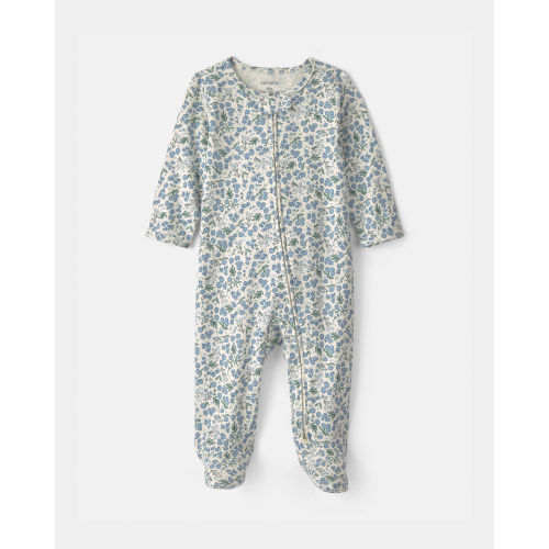 Baby Girl Floral 100% Cotton 2-Way Zip Sleep & Play Pajamas - Blue/Ivory