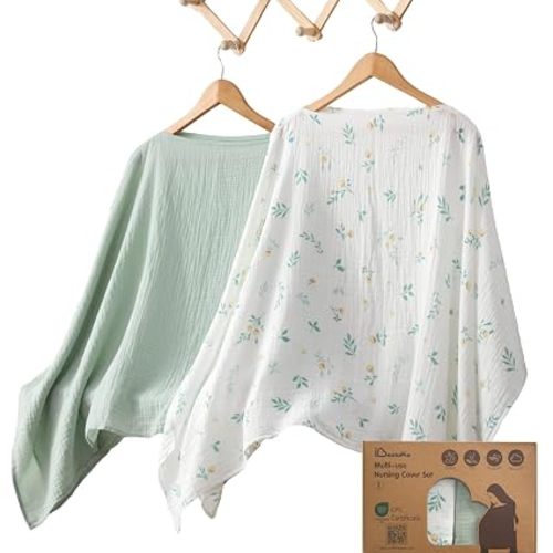 Nursing Cover for Breastfeeding, 2 Pack, 100% Cotton Muslin, 360° Privacy, Lightweight & Breathable, Multi-Use Baby Car Seat & Stroller Cover, Golden Yellow & Fresh Green