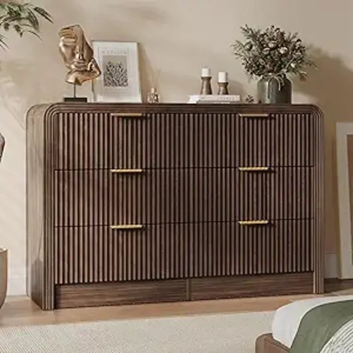 Fluted Drawers Dresser for Bedroom, Wood Dressers with Gold Handles, Modern Dressers with Wave Texture, Large Storage Chest of Drawers, Bedroom Dresser Organizer 47'' & 6 Drawers (Walnut)