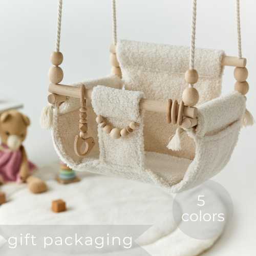 baby swing chair, baby swing boucle, , montessori toys gifts, baby swing toddler, Gift For Baby, Swing, Swing with pillow, Handmade Swing