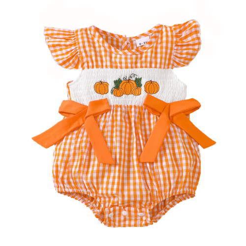 FYDUU Baby Girl Halloween Outfit Pumpkin Embroidery Plaid Smocked Romper Flutter Sleeve Onesies Bodysuits One-Pieces Adorable Trendy 0-3 Months