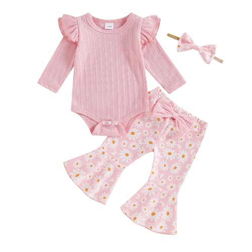 Newborn Baby Girl Fall Winter Outfits Ribbed Long Sleeve Romper Daisy Print Flared Pants Headband Set 0-18 Months