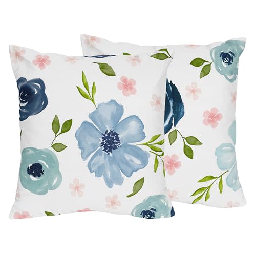 Sweet Jojo Designs Blush Pink Blue Boho Floral Girl Decorative Throw Pillow Covers Couch Bed Square Home Decor Accent Case Set of 2 18x18 Pillows NOT Included Bohemian Farmhouse Shabby Chic Watercolor