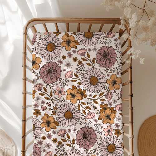 Mauve Daisy Floral Crib Sheet: Boho Wildflower Jersey Knit Bedding