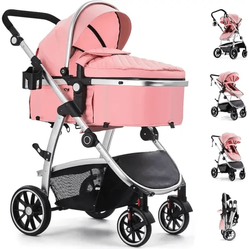 Baby Stroller, 2-in-1 Reversible Toddler Seat with Bassinet Mode, Foldable Infant Stroller with Canopy, One Button Brake, Adjustable Handle, Newborn Pushchair(Pink)