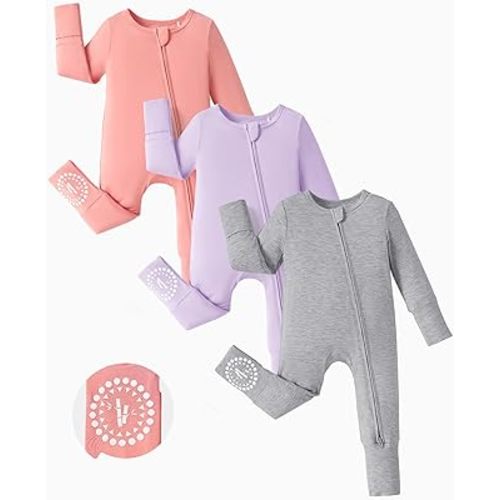 PATPAT Baby Footies Boys Girls - Bamboo Viscose - Zipper & Non-Slip Soles Romper Mitten - Footed & Footless Infant Clothes