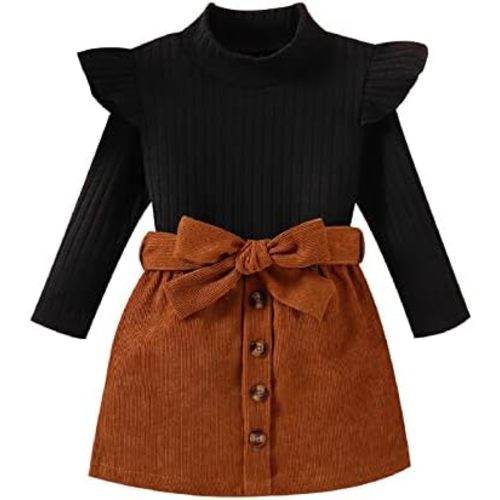 Fernvia Toddler Baby Girl Fall Winter Skirt Set Turtleneck Ribbed Long Sleeve T-Shirt Top & Plaid Skirts Dress 2Pcs Outfits