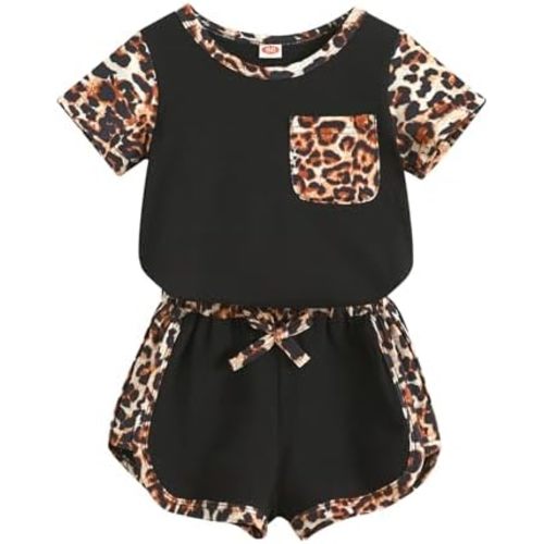 YOUNGER TREE Toddler Infant Baby Girls Summer Outfits Leopard Print Short Sleeve Pocket T-Shirt Tops Pants Clothes Sets