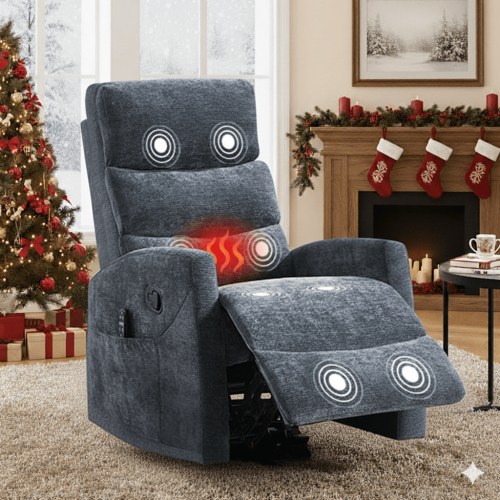 HSUNNS 360° Swivel Rocker Recliner Chair with Heat Massage, Chenille Manual Single Rocker Sofa Recliner Chair with Side Pockets for Living Room Home Theater, Blue