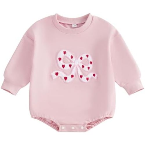 FIOMVA Valentines Girl Outfit Infant Heart Bow Bubble Romper Sweatshirt Newborn Bodysuit Top Toddler Spring Clothes