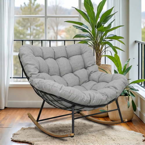 Oversized Rocking Papasan Chair with Thick Cushion, Rust-Resistant Metal Patio Rocker for Indoor & Outdoor, Heavy Duty 450lbs Capacity Lounge Chair, Gray