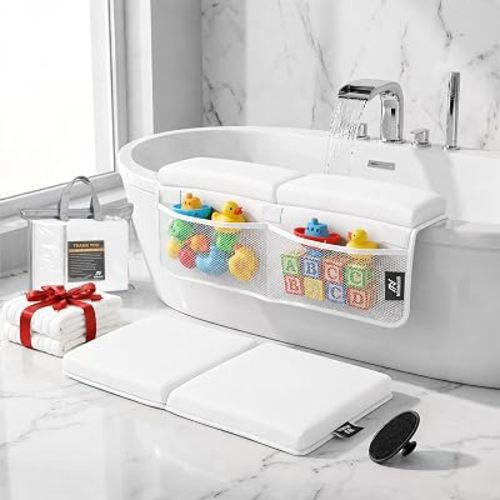 Comfortable Baby Bath Kneeler and Elbow Rest Pad Set — Kneeling Pad for Bathing Baby, Relieves Knee and Elbow Pain, Non-Slip Bathtub Kneeling Pad with Toy Organizer, Bonus Brush and Washcloth