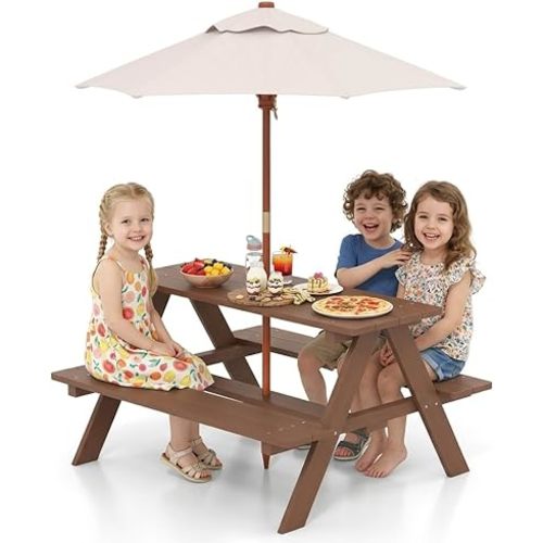 Costzon Kids Picnic Table, Fir Wood Kids Outdoor Table and Chairs with Removable Umbrella, Toddler Picnic Table for Patio, Backyard, Garden (Natural)
