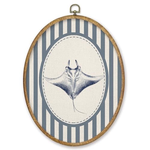 CGBHW Blue Coastal Beach Manta Ray Fish Oval Wall Art Decor, Beach Nautical Canvas Prints Framed, Ocean Marine Biology Fish Wall Art Hanging Decor for Home Kitchen Beach House Kids Nursery Room, 8.6x11.4 Inch