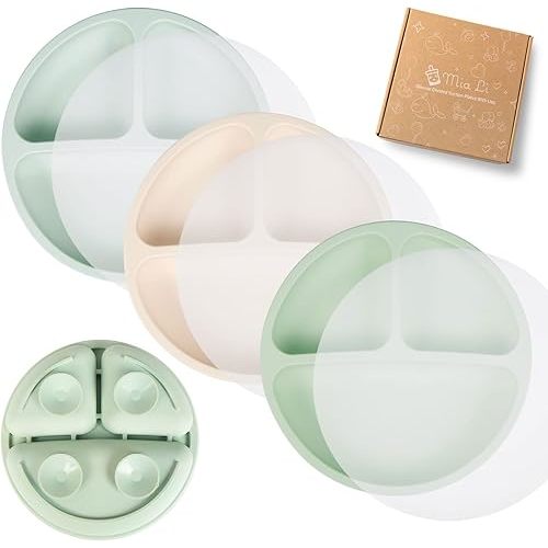Mia Li Suction Plates for Baby – Set of 3 Toddler Plates with Suction – Cute and Colorful Silicone Plates for Weaning – Ideal for Baby Feeding, Food Storage (Sage, Sand & Stone With Lids)