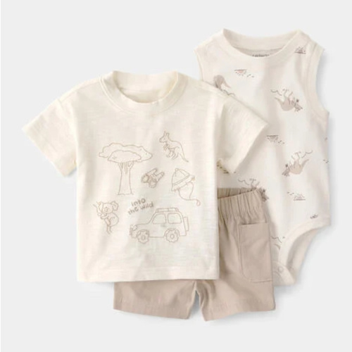 Baby Boy 3-Piece Into The Wild Top, Bodysuit & Short Set - Ivory/Brown | Carter's