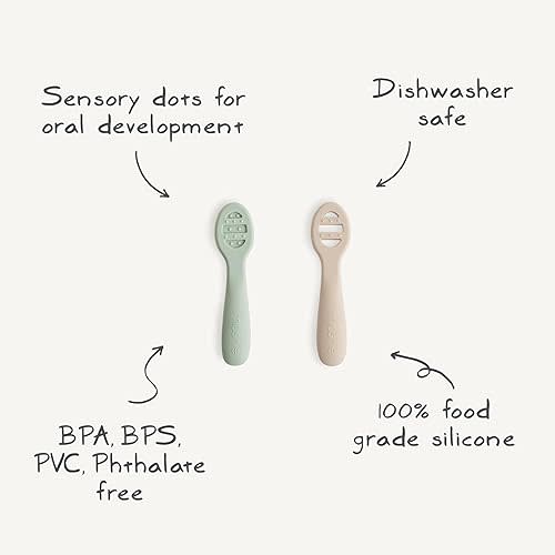 mushie Silicone First Feeding Baby Spoons | 2 Pack (Cambridge Blue/Shifting Sand)