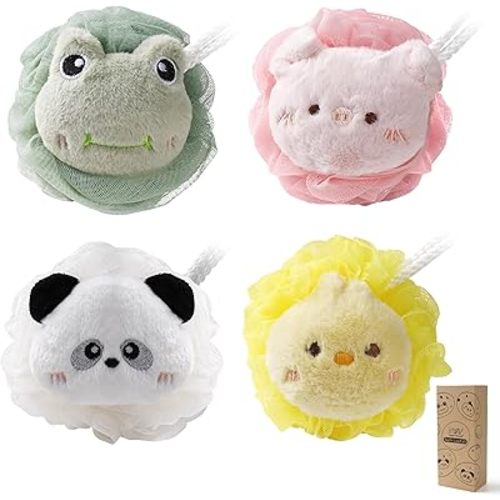 4 Pcs Kids Shower Loofah Set - Cute Animal Body Scrubber Sponges, Gentle Exfoliating Pouf for Boys and Girls Bath Time, Soft Bath Sponges for Children (Assorted Animals)