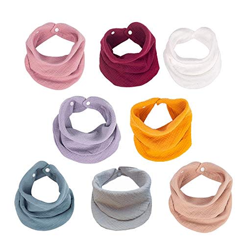 8 Pack Muslin Baby Bandana Bibs, Multi-Use Scarf Bibs Soft & Absorbent Drooling Bibs, Breathable Burp Cloths, Adjustable Teething Bibs for Boys & Girls