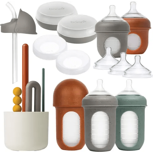 Boon Nursh Baby Bottle Gift Set - Baby Feeding Essentials for New Moms - Includes 4 Oz and 8 Oz Baby Bottles, Storage Lids, Fast Flow Nipples, Storage Buns, Straw Lid, and Mod Baby Bottle Brush Set