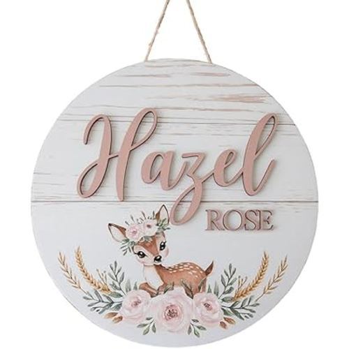 Personalized Baby Name Signs for Nursery, Floral Deer Sign for Baby Door Decor, Newborn Gifts for Girl, Girls Nursery Wall Bedroom Decorations, Mother's Day Gifts for New Mom Dad Gift