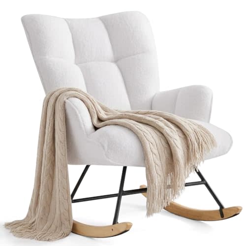 Zedachica Rocking Chair Nursery Teddy Upholstered Glider Rocker Rocking Accent Chair Padded Seat with High Backrest Armchair Comfy Side Chair for Living Room Bedroom Offices (White Teddy)