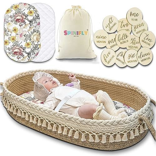 Baby Changing Basket Kit - Macrame Boho Moses Basket for Babies, Handmade 100% Cotton, Woven Portable Nursery Decor, Waterproof Pad & Floral Pad, Milestone Cards, Changing Table Topper for Dresser