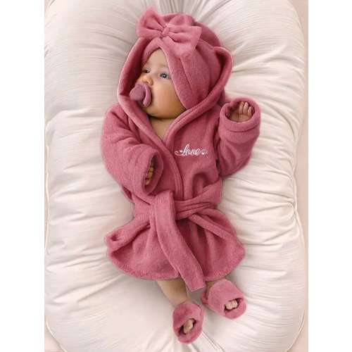 SHEIN Newborn Girl Photography Bathrobe With Matching Turban Hat And Mini Slippers Infant Photoshoot Outfits Love Embroidery Newborn Props Fall Winter | SHEIN