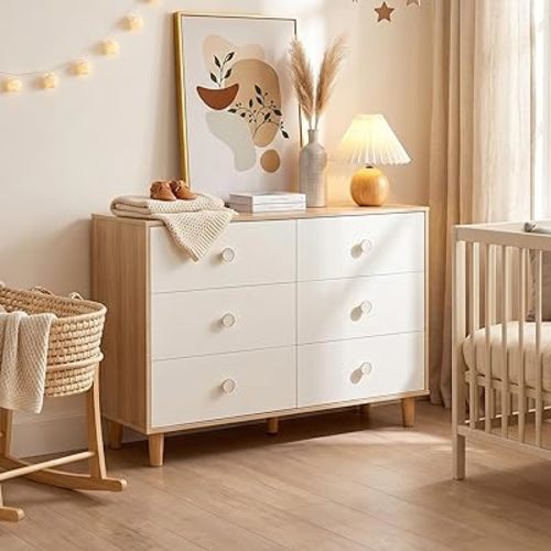 White Dresser for Bedroom, 6 Drawer Dressers with Solid Wood Legs, Baby Dresser for Kids, Storage for Clothes and Baby Essentials