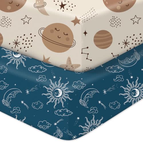 Baby Crib Sheets 2 Pack for Boys and Girls Fit for Standard Crib Toddler Mattress Breathable Soft Microfiber Baby Sheet 28x52x8in (Sleeping Moon & Mars)