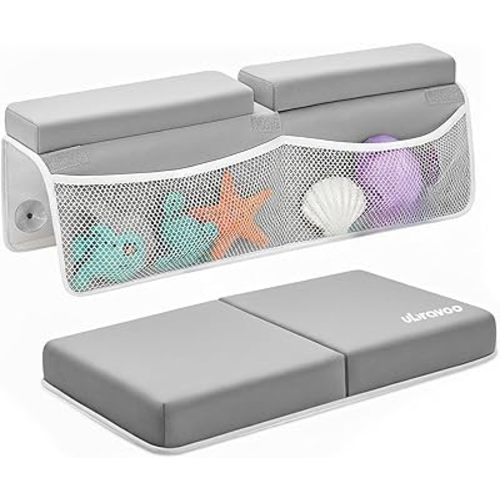 UBRAVOO Baby Bath Kneeler with Elbow Rest Pad, Non-Slip Foam Mat, Quick-Drying Cushion, Foldable Bathtub Support with Toy Storage Pockets for Parents (Gray)