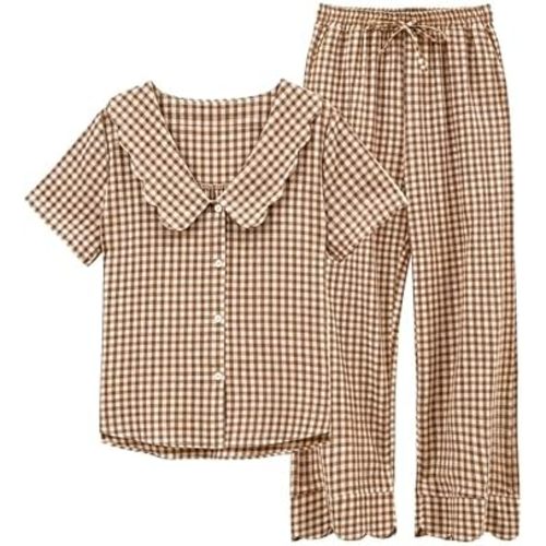 Tanming Womens Gingham 2 Piece Pajamas Sets Puff Sleeve Babydoll Shirt Ruffle Pants Pj Lounge Set Sleepwear