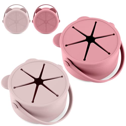 idooss Silicone Snacks Containers for Toddlers, Baby Food Catcher Spill Proof, Kid Snacks Holder with DustProof Lid, 2 Pack Dishwasher Safe (Blush/Mauve)