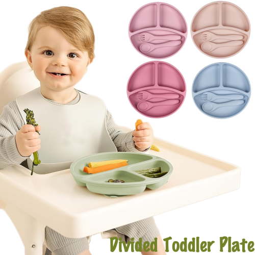 Suction Plates with Lids and Utensils for Babies & Toddlers, 100% Food-Grade Silicone, Divided Design, Microwave & Dishwasher Safe