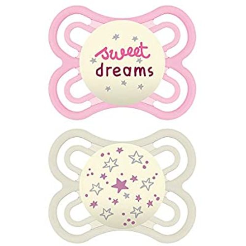MAM Perfect Night Pacifiers, Glow in the Dark Pacifiers (2 pack, 1 Sterilizing Pacifier Case) MAM Pacifiers 0-6 Months for Baby Girl, Baby Pacifiers, Designs May Vary