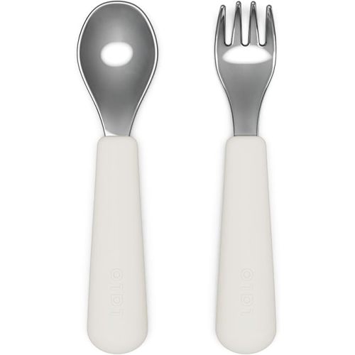 Lalo Utensils - Toddler Fork and Spoon Set - Stainless Steel and Silicone Ergonomic Toddler Utensils - Children Safe Flatware Set - 2 Pieces - Oatmeal