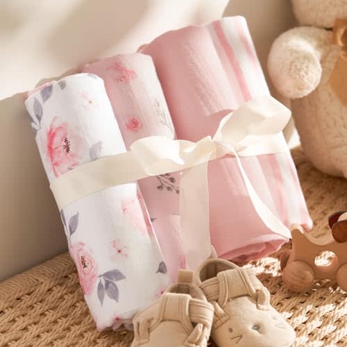 PHF Muslin Swaddle Blankets for Newborn, 4 Pack Organic Soft Breathable Receiving Blankets, Large 47x 47 Inches, Skin-Friendly Muslin Baby Swaddles for Girls, Baby Essentials Shower Gifts, Floral