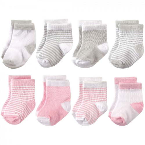 Hudson Baby Infant Girl Cotton Rich Newborn and Terry Socks, Light Pink Gray, 6-12 Months